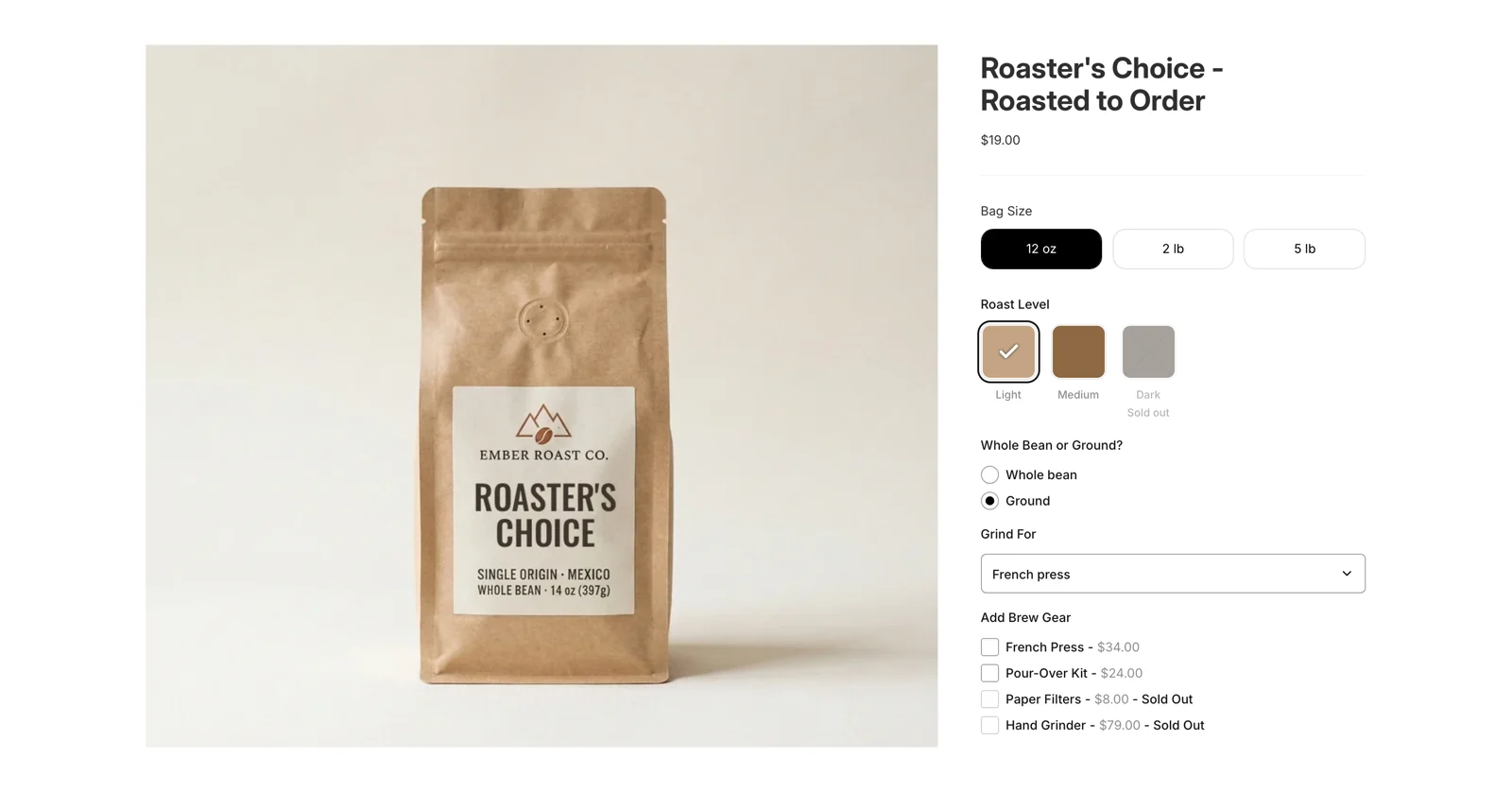 Illustration of a made-to-order product page with an out-of-stock material
