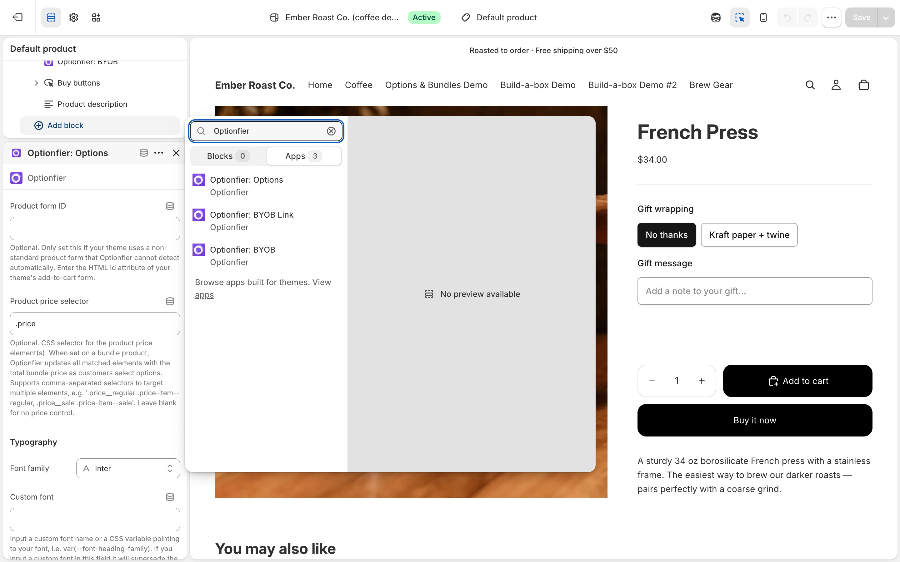 Screenshot: theme editor with the Add block panel open and "Optionfier" typed in the search field, the "Optionfier: Options" block visible in the results