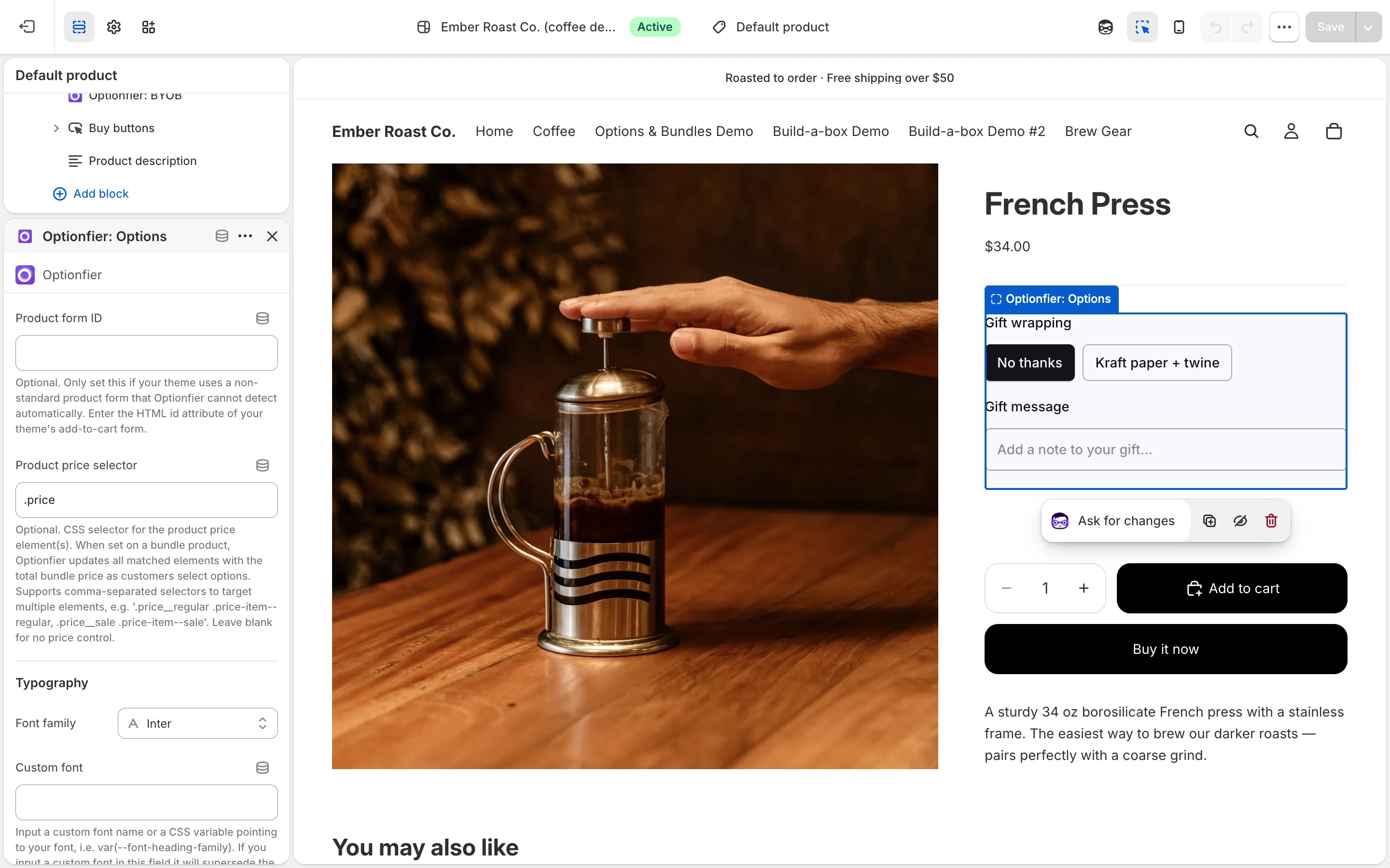 Screenshot: the block placed above the add-to-cart button, with its styling settings open in the right sidebar