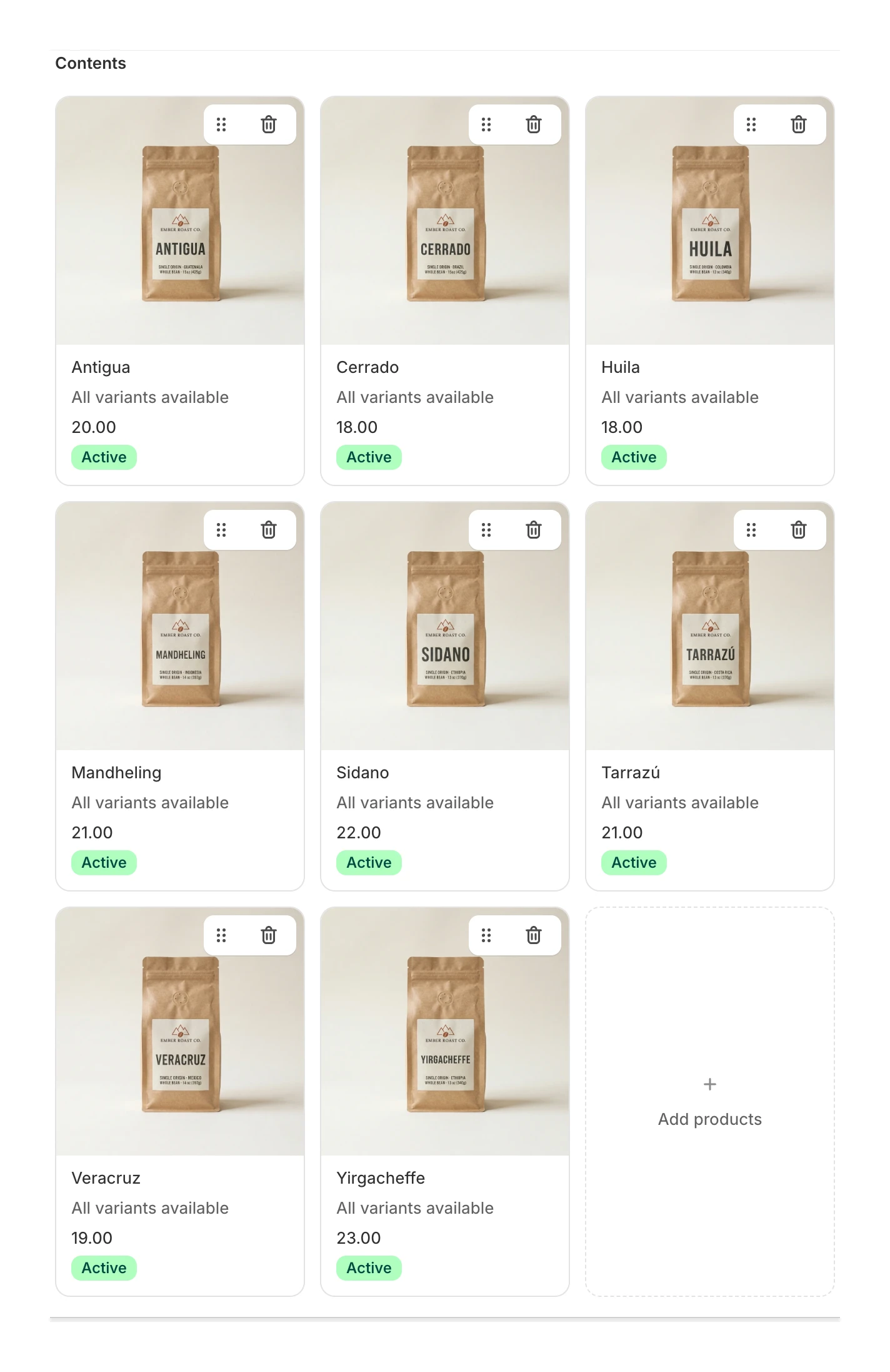 Screenshot: the Contents card with eight product cards added, showing the drag handles