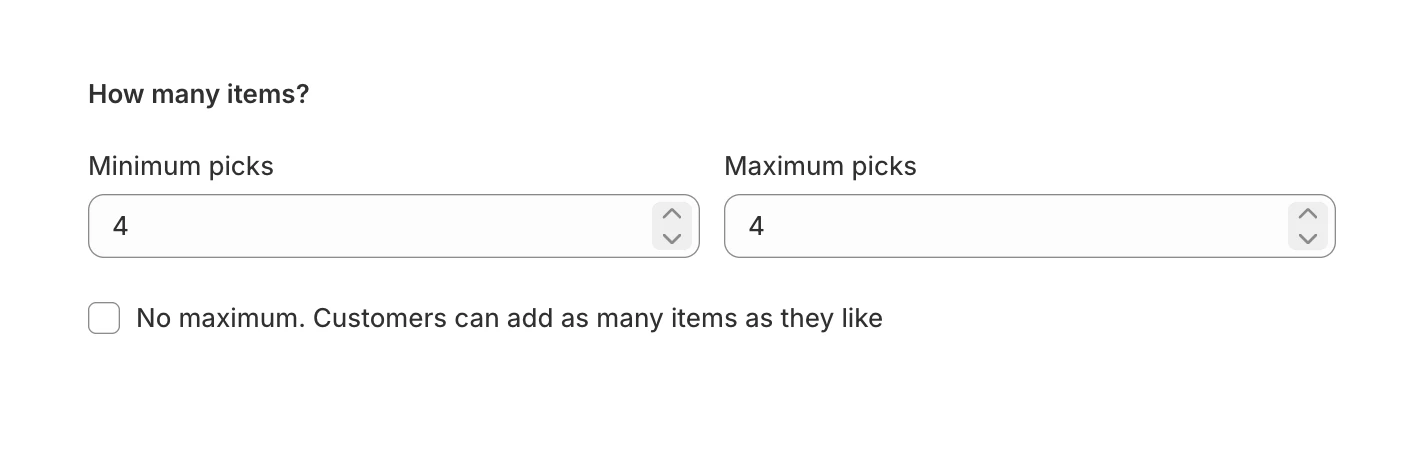 Screenshot: the "How many items?" card with Minimum picks set and the No maximum checkbox unchecked so Maximum picks is editable