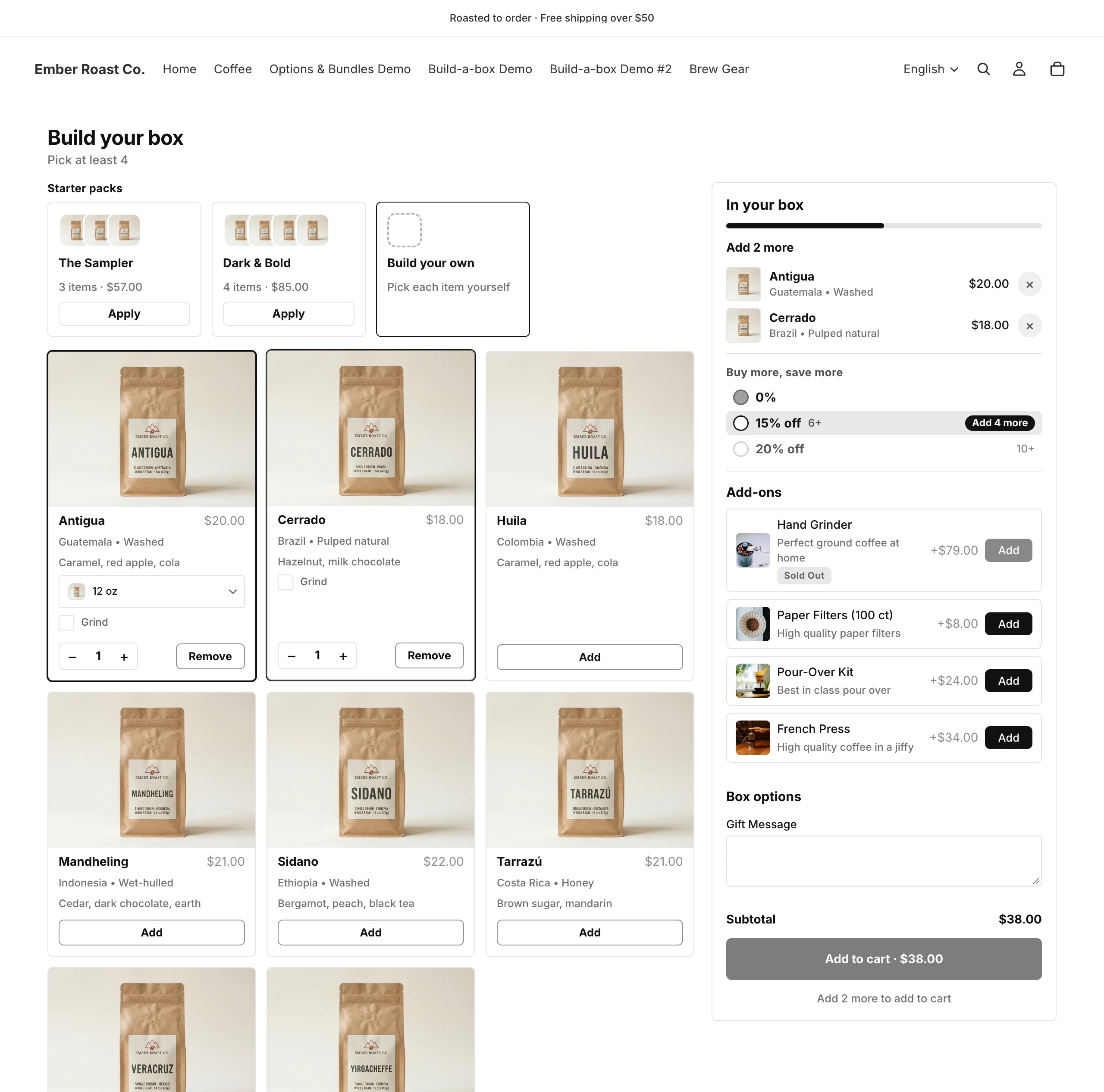 Screenshot: the storefront box builder with a half-filled box and the progress indicator showing picks against the box size