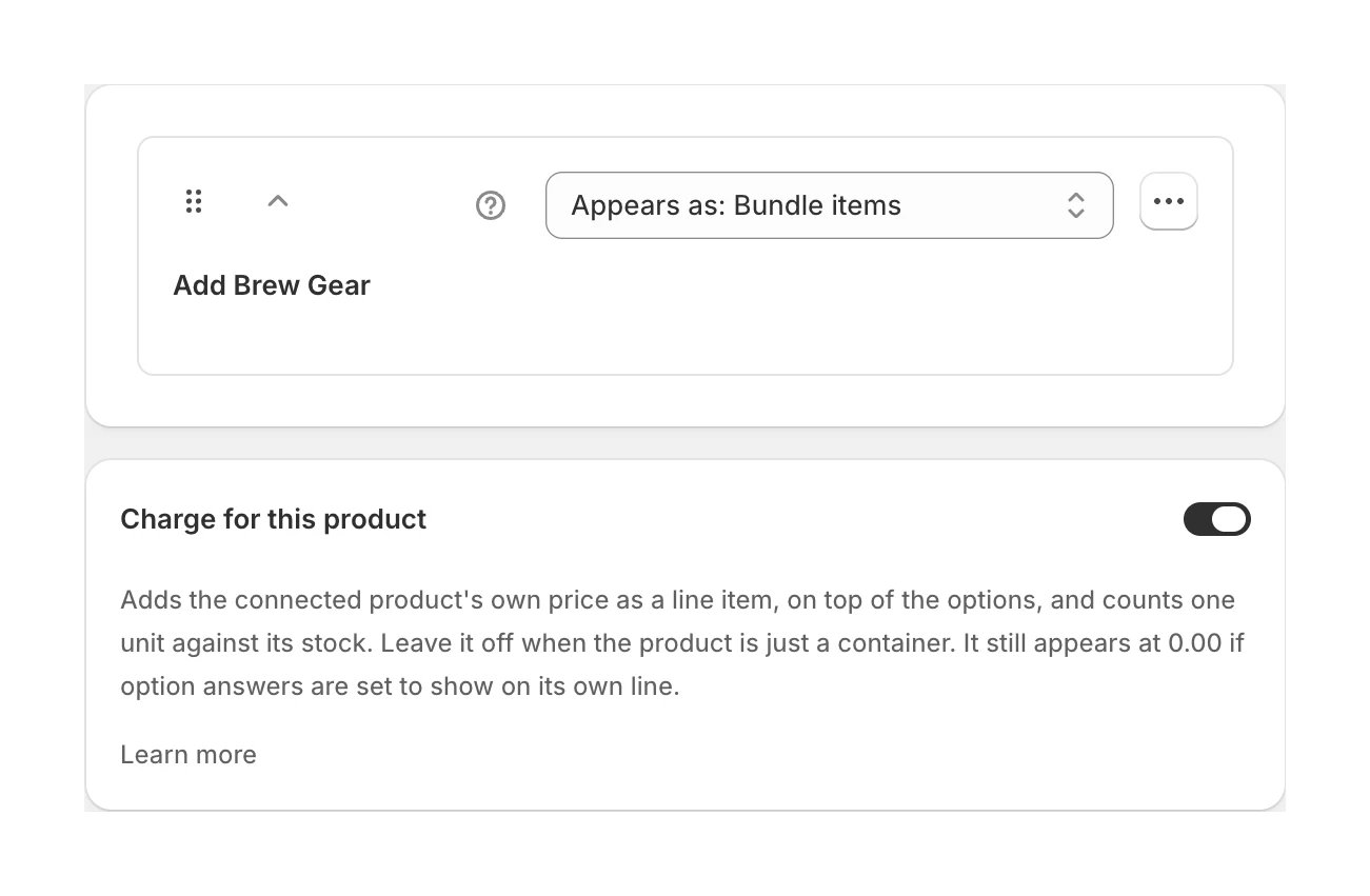 Screenshot: an option header showing the "Appears as: Bundle items" dropdown, with the "Charge for this product" card below
