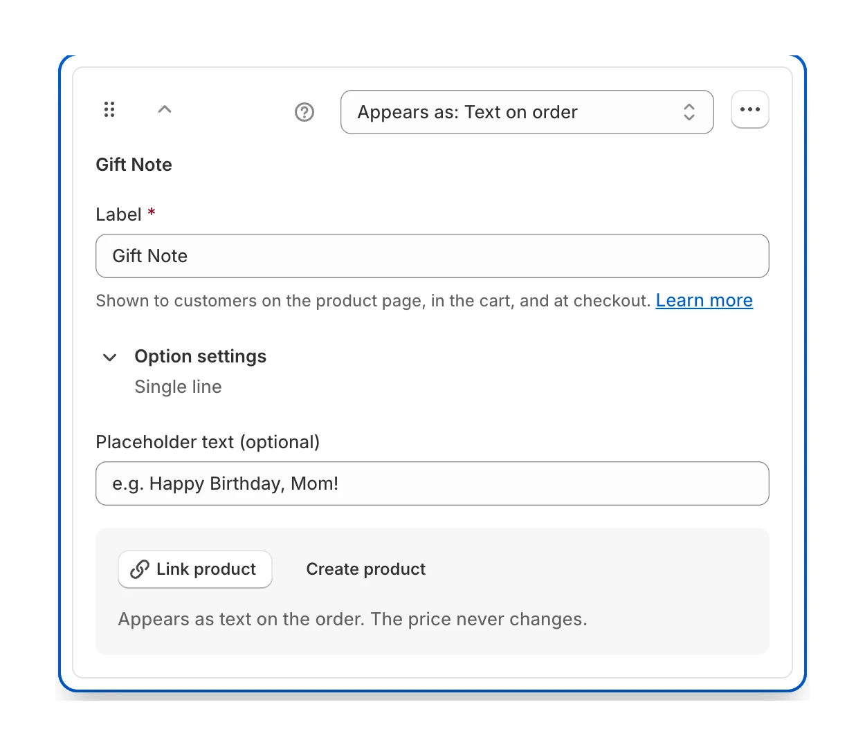 Screenshot: an option header showing the "Appears as: Text on order" dropdown selected
