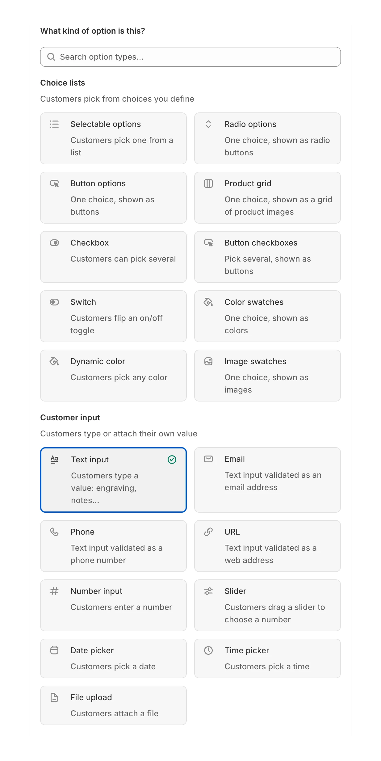 Screenshot: the "What kind of option is this?" picker open, showing the three groups with Text input highlighted